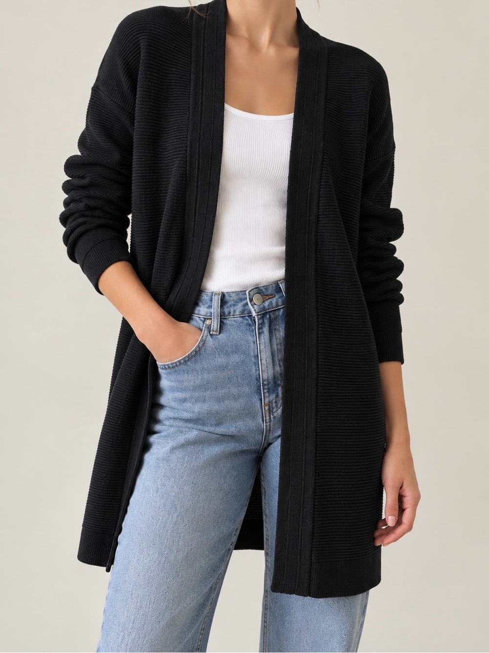 ZARA Black Long Ribbed Open-Front Cardigan - Picture 2 of 6